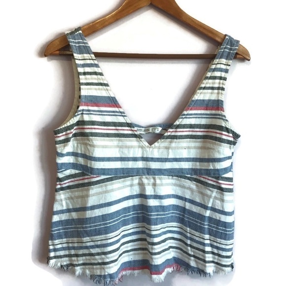 ZARA BASIC Denim Couture V Neck Red White Blue Patriotic July 4 Striped Tank Med - Picture 12 of 12